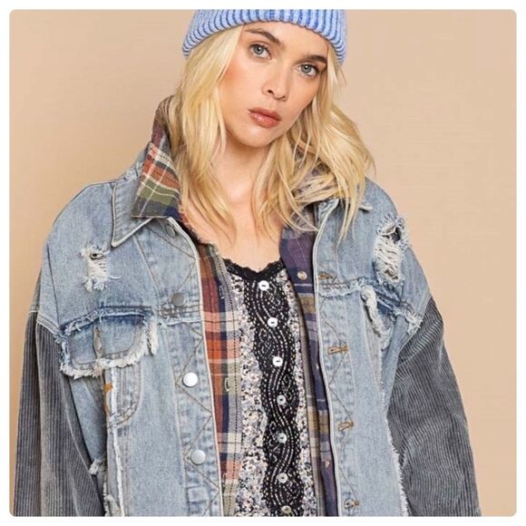 DENIM Distressed Jacket with Corduroy Sleeves Oversized Fit - Picture 12 of 16